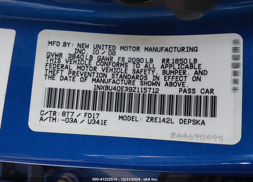 2009 TOYOTA COROLLA VIN: 1NXBU40E39Z115712