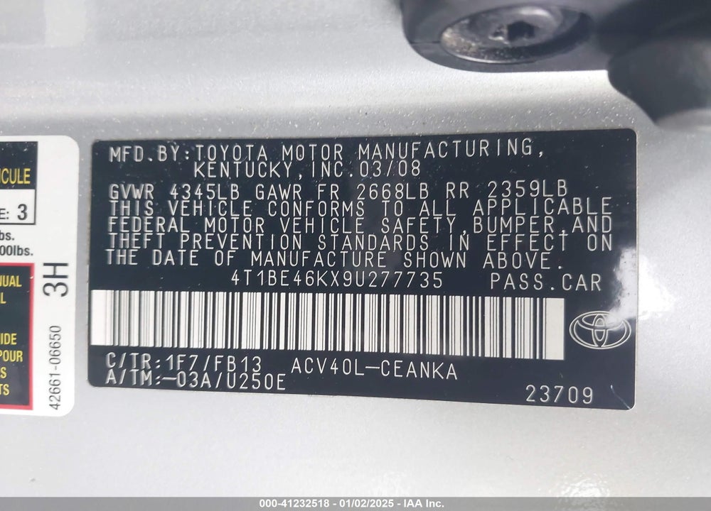2009 TOYOTA CAMRY LE VIN: 4T1BE46KX9U277735