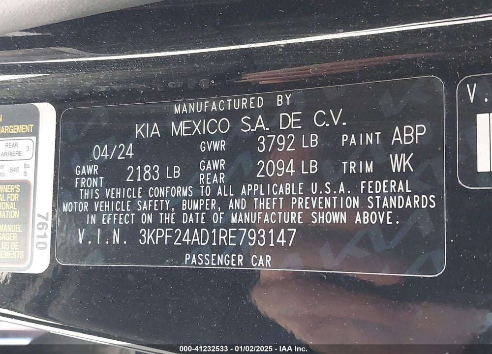 2024 KIA FORTE LXS VIN: 3KPF24AD1RE793147
