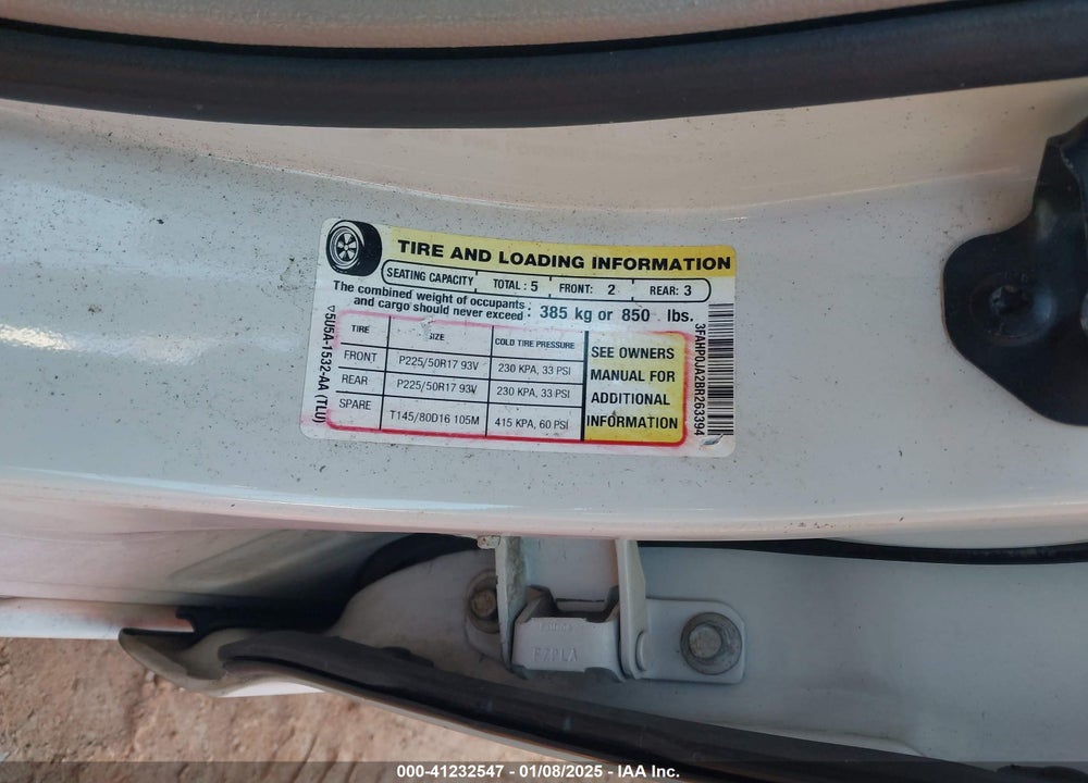 2011 FORD FUSION VIN: 3FAHP0JA2BR263394