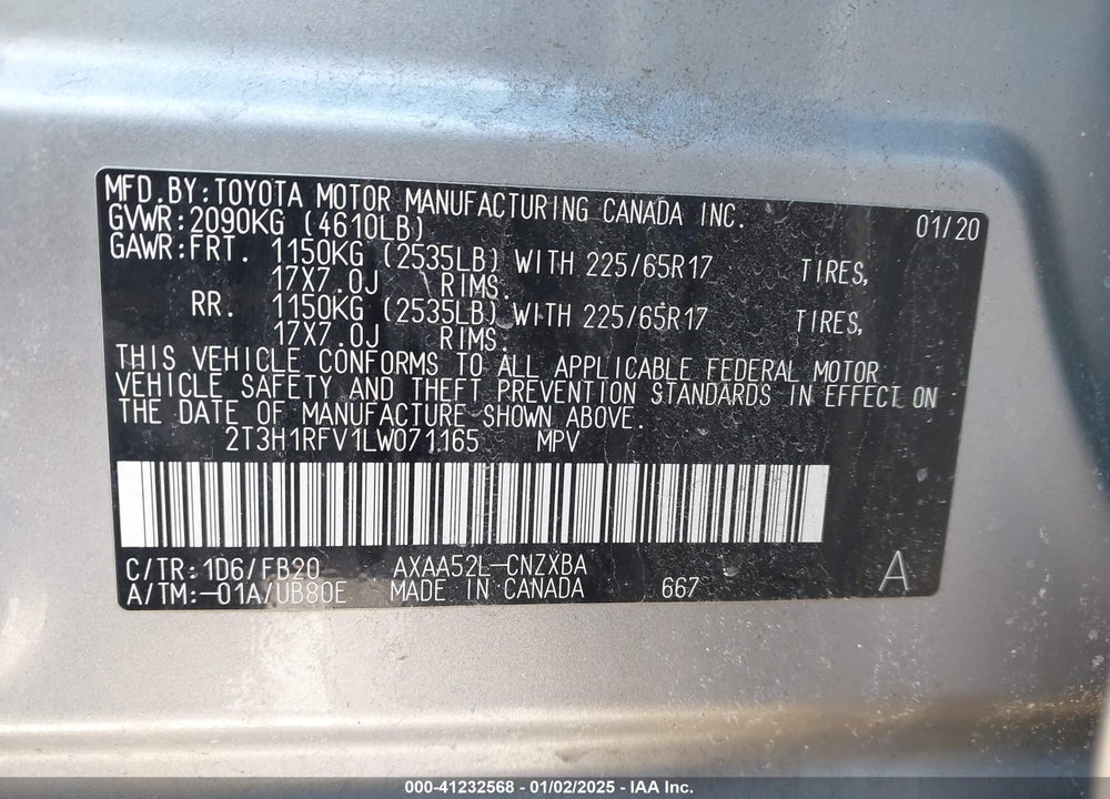 2020 TOYOTA RAV4 LE VIN: 2T3H1RFV1LW071165