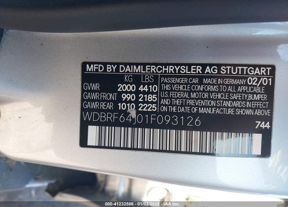 2001 MERCEDES-BENZ C 320 VIN: WDBRF64J01F093126