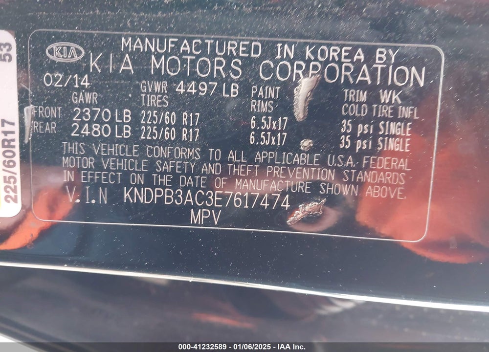2014 KIA SPORTAGE LX VIN: KNDPB3AC3E7617474