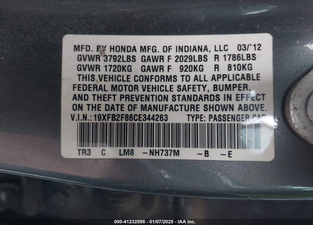 2012 HONDA CIVIC EX VIN: 19XFB2F86CE344263