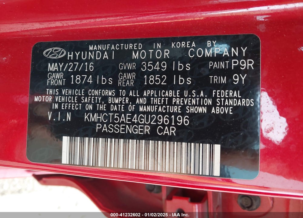 2016 HYUNDAI ACCENT VIN: KMHCT5AE4GU296196
