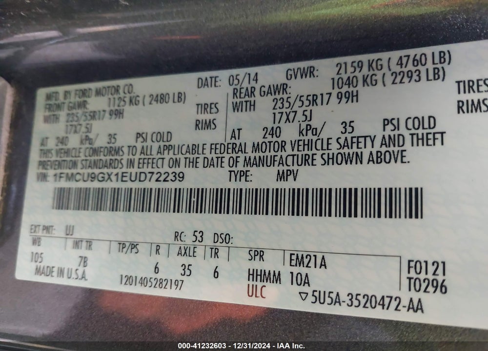 2014 FORD ESCAPE SE VIN: 1FMCU9GX1EUD72239