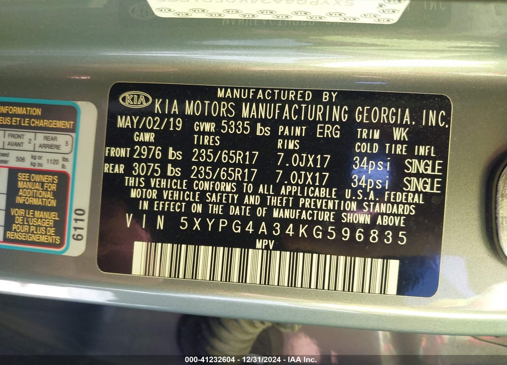 2019 KIA SORENTO 2.4L L VIN: 5XYPG4A34KG596835