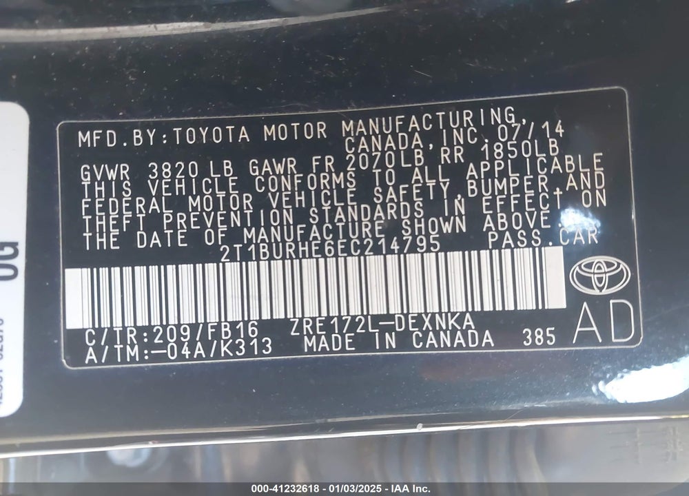 2014 TOYOTA COROLLA VIN: 2T1BURHE6EC214795
