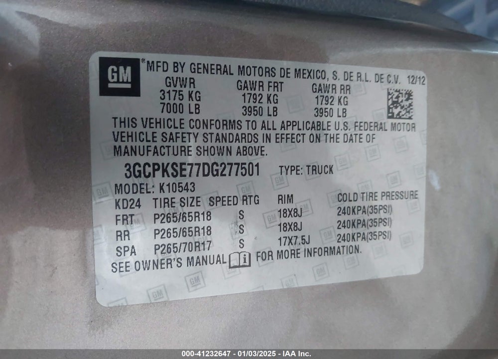 2013 CHEVROLET SILVERADO VIN: 3GCPKSE77DG277501