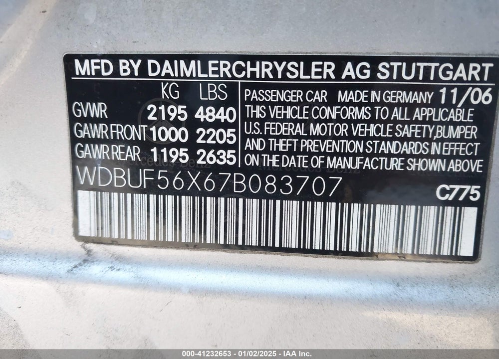 2007 MERCEDES-BENZ E 350 VIN: WDBUF56X67B083707