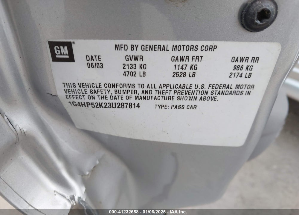 2003 BUICK LESABRE CUSTOM VIN: 1G4HP52K23U287814