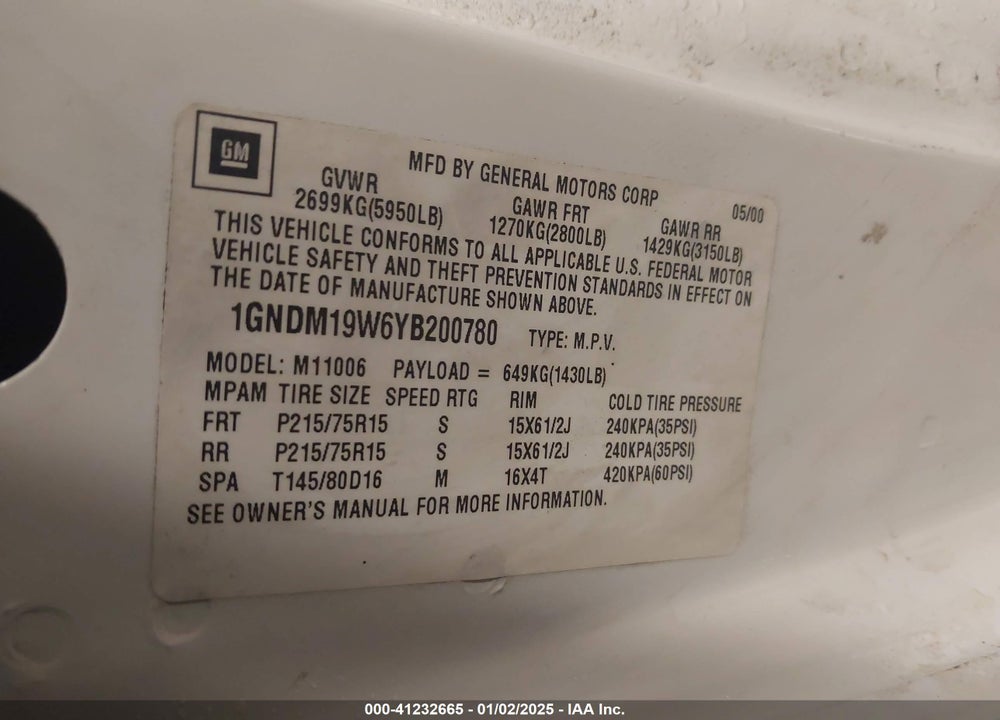 2000 CHEVROLET ASTRO VIN: 1GNDM19W6YB200780