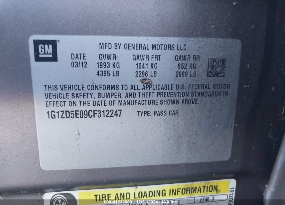 2012 CHEVROLET MALIBU 2LT VIN: 1G1ZD5E09CF312247
