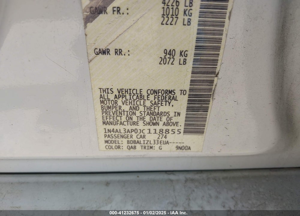 2018 NISSAN ALTIMA VIN: 1N4AL3AP0JC118855