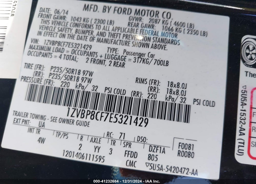 2014 FORD MUSTANG GT PREMIUM VIN: 1ZVBP8CF7E5321429