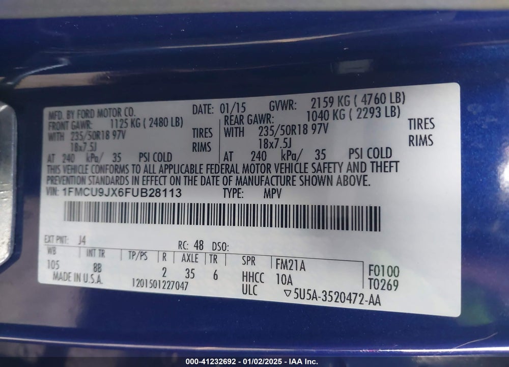 2015 FORD ESCAPE TITANIUM VIN: 1FMCU9JX6FUB28113