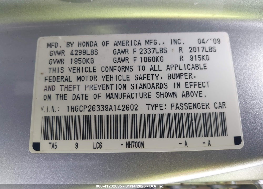 2009 HONDA ACCORD 2.4 LX VIN: 1HGCP26339A142602