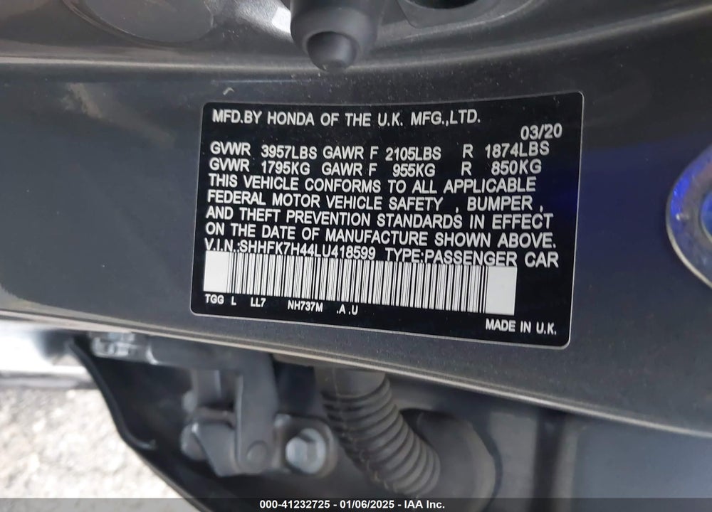 2020 HONDA CIVIC VIN: SHHFK7H44LU418599