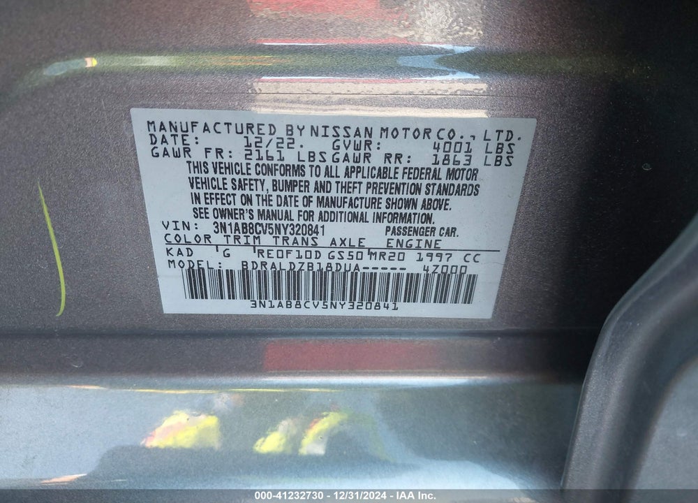 2022 NISSAN SENTRA VIN: 3N1AB8CV5NY320841