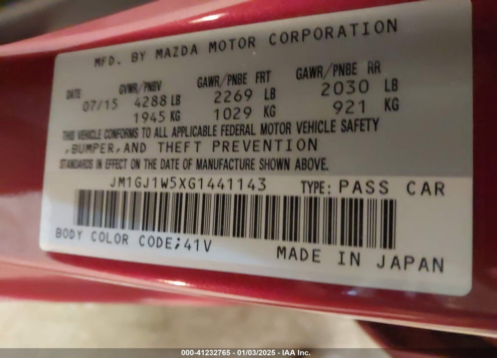2016 MAZDA 6 VIN: JM1GJ1W5XG1441143