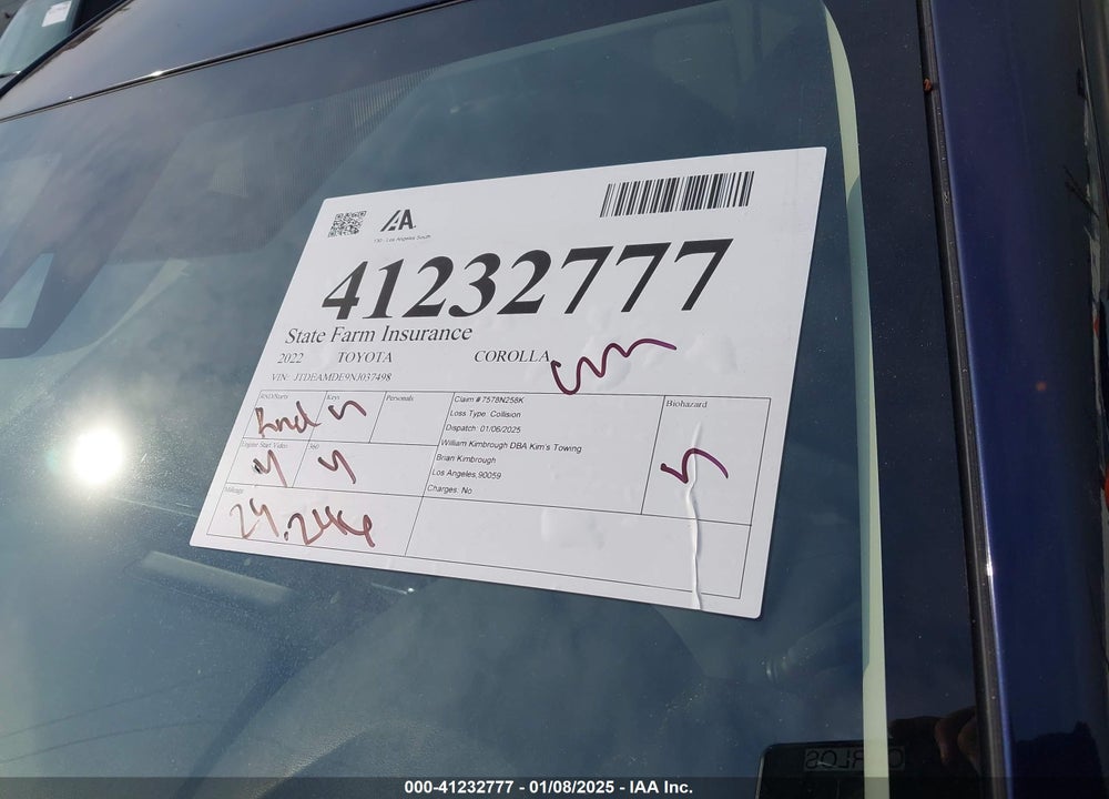 2022 TOYOTA COROLLA VIN: JTDEAMDE9NJ037498