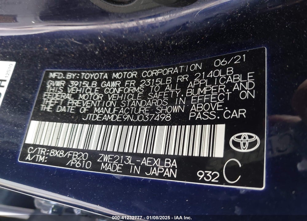 2022 TOYOTA COROLLA VIN: JTDEAMDE9NJ037498