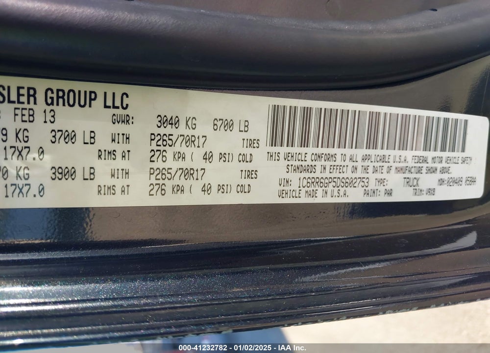 2013 RAM 1500 SLT VIN: 1C6RR6GP5DS602753