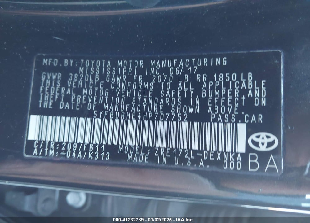 2017 TOYOTA COROLLA VIN: 5YFBURHE4HP707752