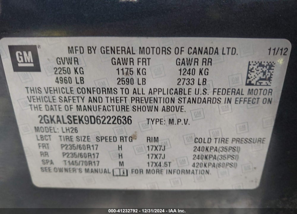 2013 GMC TERRAIN SLE-2 VIN: 2GKALSEK9D6222636