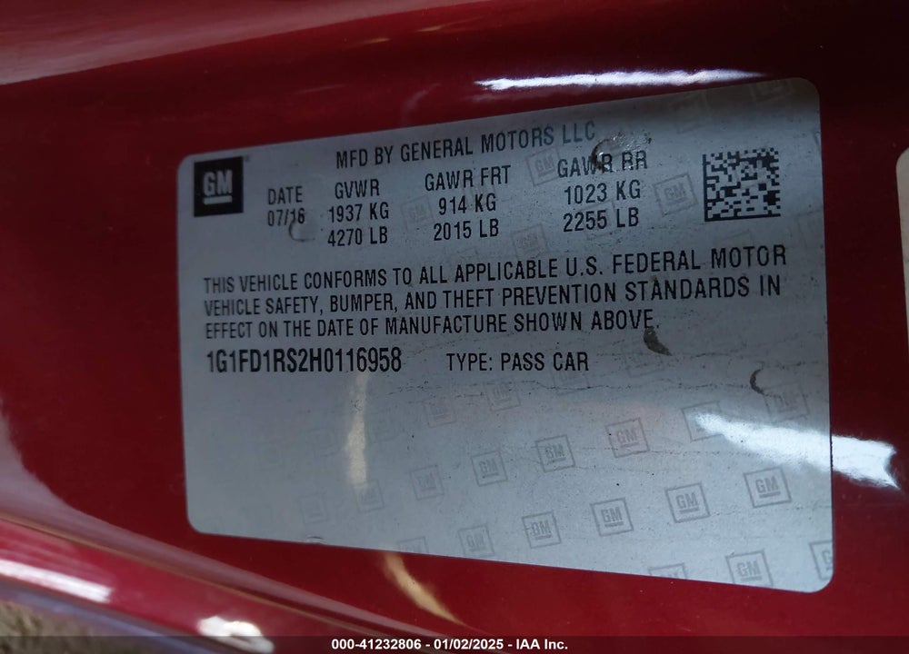 2017 CHEVROLET CAMARO VIN: 1G1FD1RS2H0116958