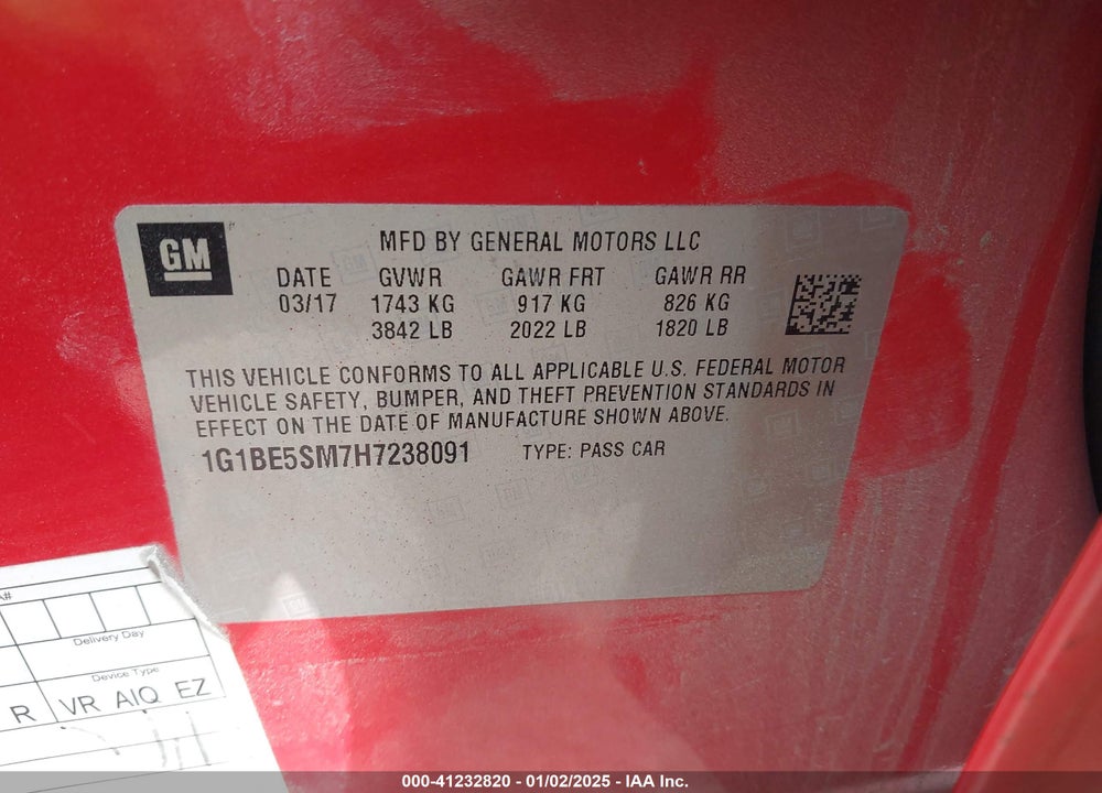 2017 CHEVROLET CRUZE LT AUTO VIN: 1G1BE5SM7H7238091