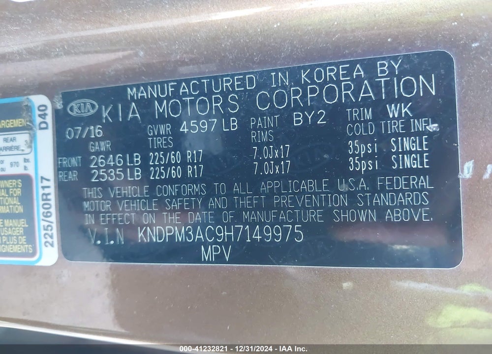 2017 KIA SPORTAGE LX VIN: KNDPM3AC9H7149975