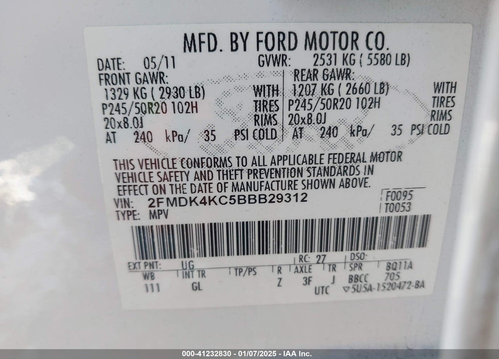 2011 FORD EDGE LIMITED VIN: 2FMDK4KC5BBB29312