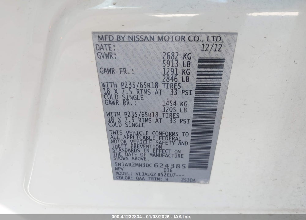 2013 NISSAN PATHFINDER VIN: 5N1AR2MN3DC624385