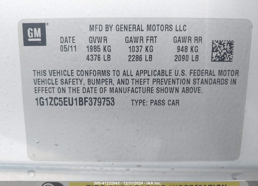 2011 CHEVROLET MALIBU 1LT VIN: 1G1ZC5EU1BF379753