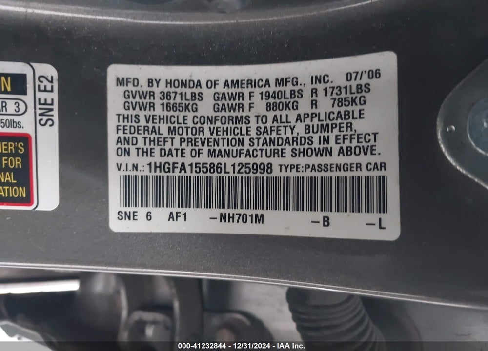 2006 HONDA CIVIC LX VIN: 1HGFA15586L125998