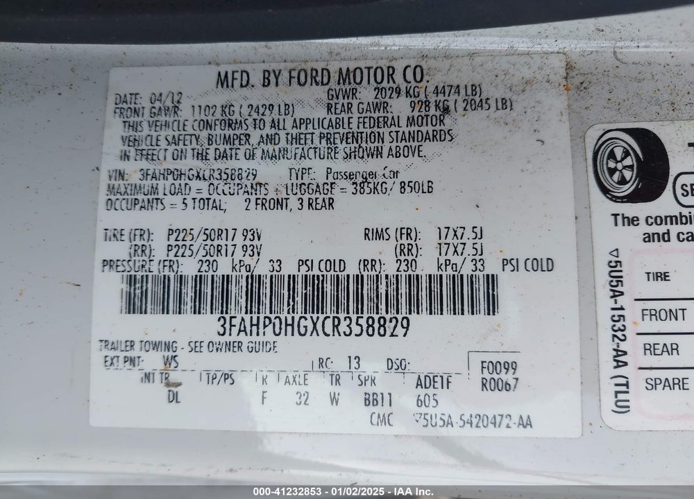 2012 FORD FUSION SE VIN: 3FAHP0HGXCR358829