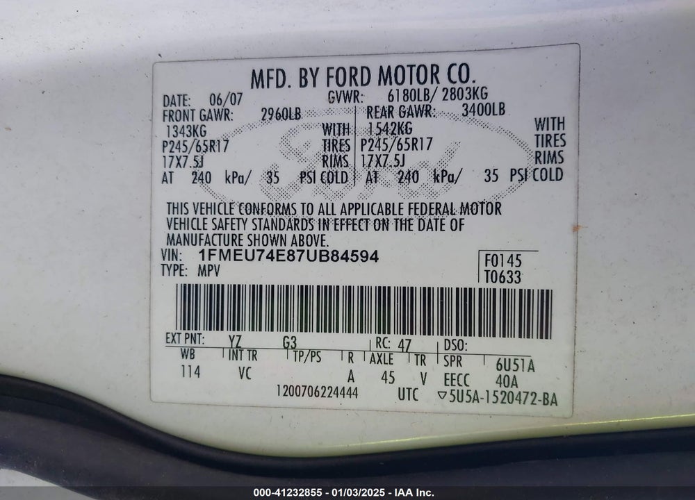 2007 FORD EXPLORER EDDIE BAUER VIN: 1FMEU74E87UB84594