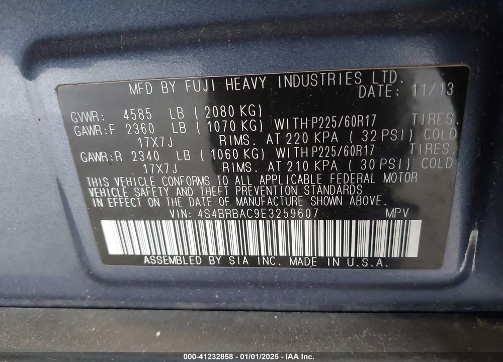 2014 SUBARU OUTBACK 2.5I VIN: 4S4BRBAC9E3259607