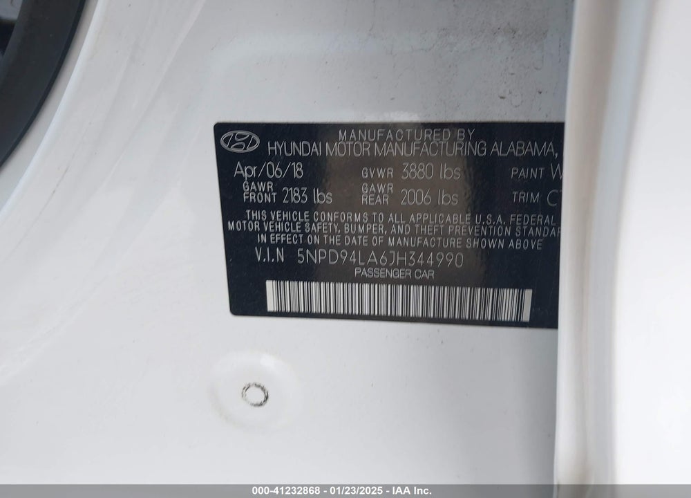 2018 HYUNDAI ELANTRA VIN: 5NPD94LA6JH344990
