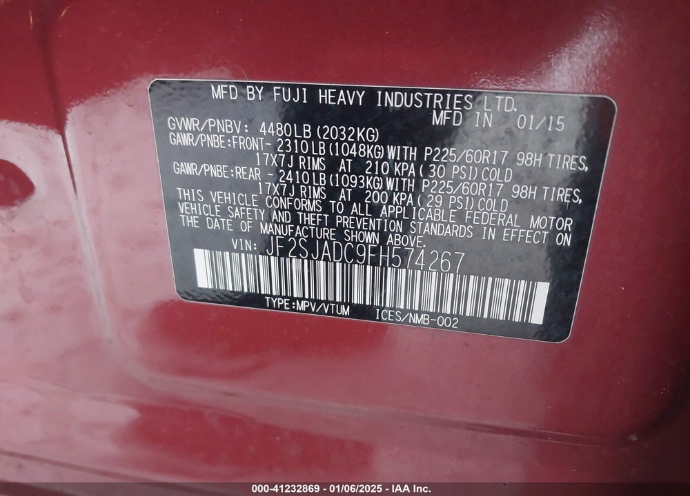 2015 SUBARU FORESTER 2.5I PREMIUM VIN: JF2SJADC9FH574267