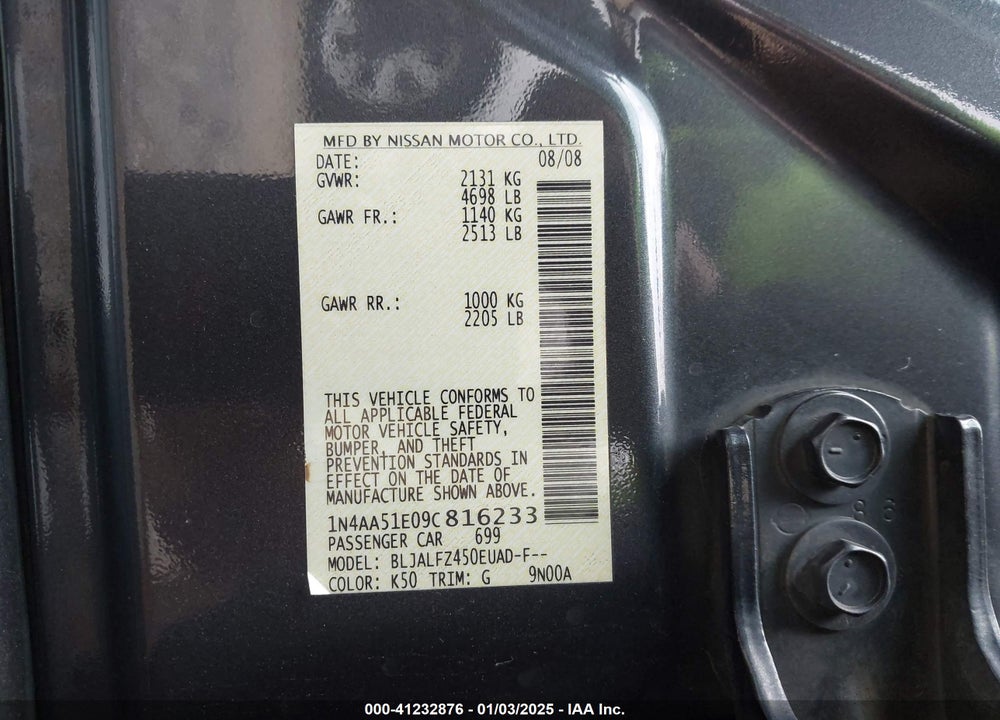 2009 NISSAN MAXIMA 3.5 SV VIN: 1N4AA51E09C816233