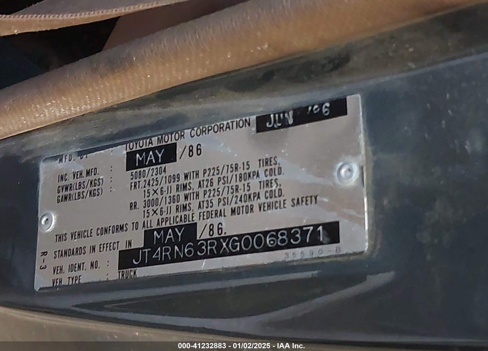 1986 TOYOTA PICKUP RN63 STD VIN: JT4RN63RXG0068371