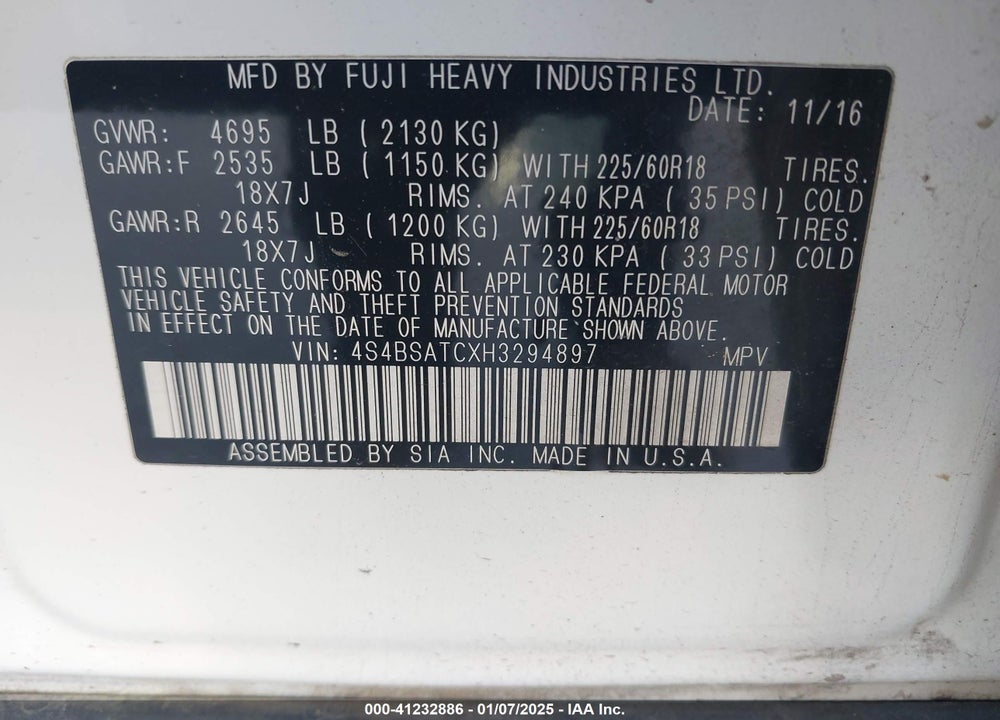 2017 SUBARU OUTBACK 2.5I TOURING VIN: 4S4BSATCXH3294897
