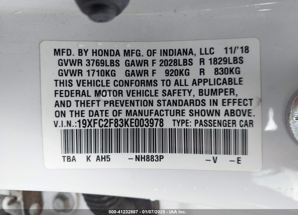 2019 HONDA CIVIC SPORT VIN: 19XFC2F83KE003978