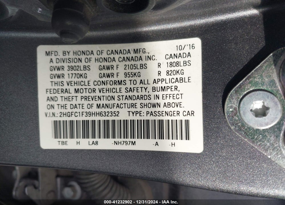2017 HONDA CIVIC EX-T VIN: 2HGFC1F39HH632352