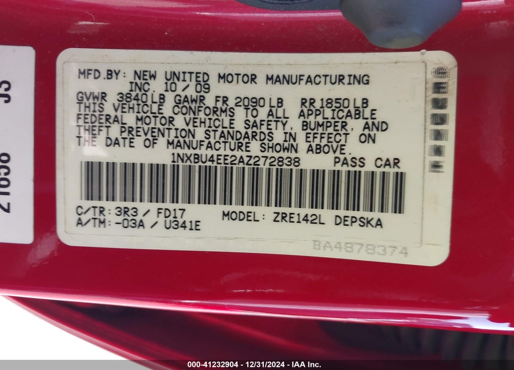 2010 TOYOTA COROLLA S VIN: 1NXBU4EE2AZ272838