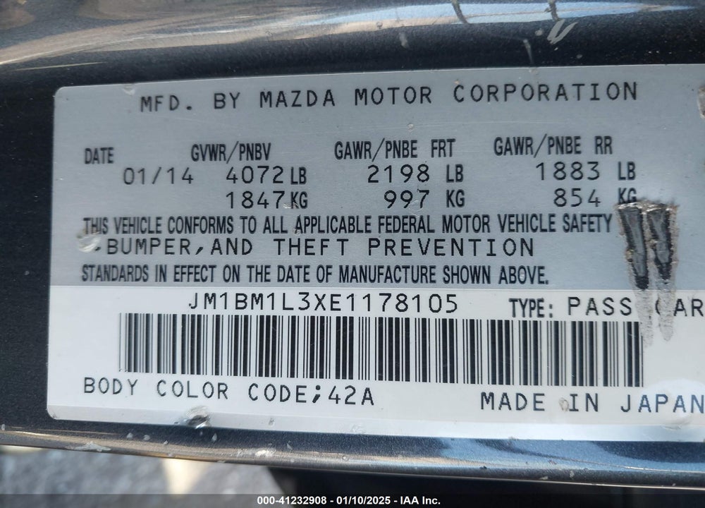 2014 MAZDA 3 S TOURING VIN: JM1BM1L3XE1178105