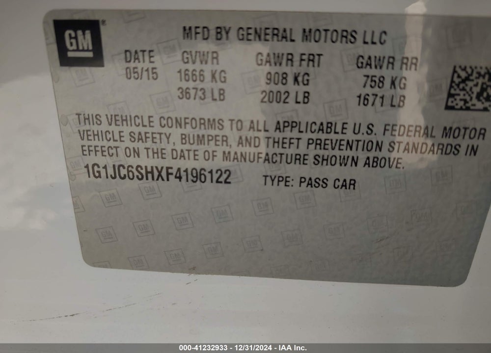 2015 CHEVROLET SONIC VIN: 1G1JC6SHXF4196122