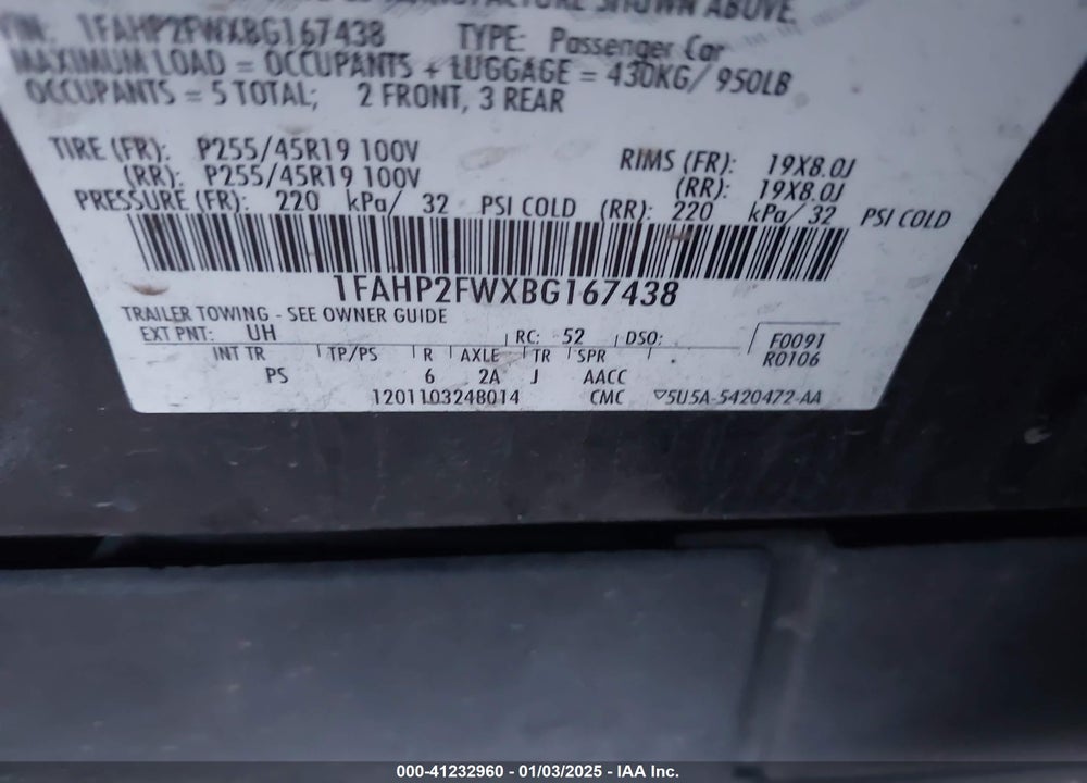 2011 FORD TAURUS VIN: 1FAHP2FWXBG167438